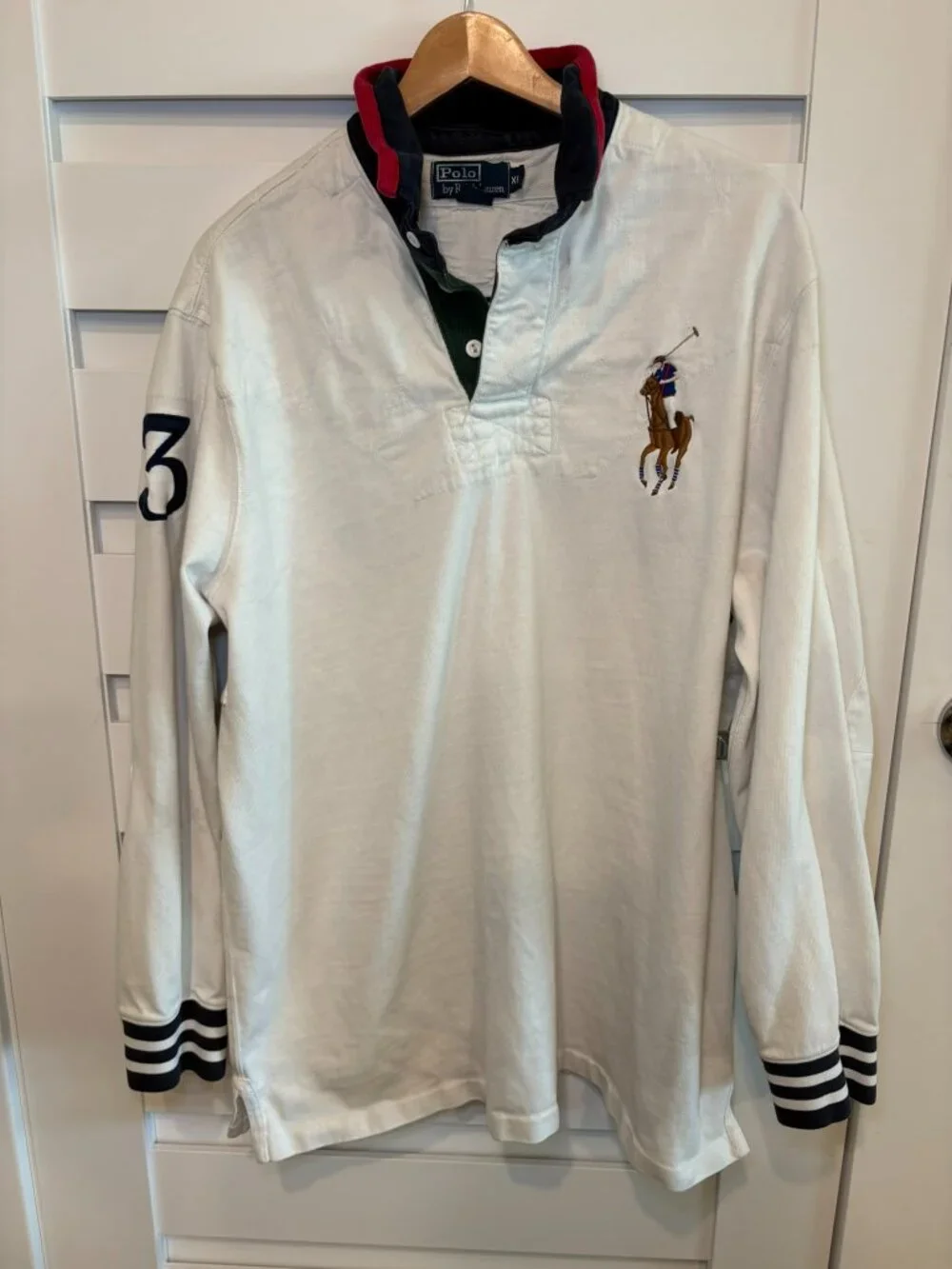 Vintage Polo Ralph Lauren Big Pony Rugby Shirt White XL Number 3 Long Sleeve